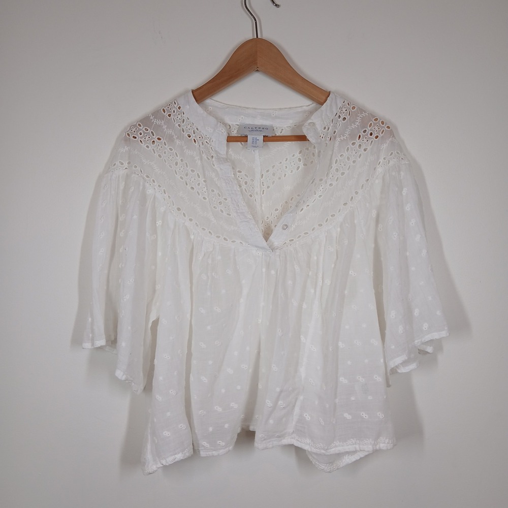 Calypso St. Barth Blouse Womens Medium White Cotton Eyelet Lace Boho Top